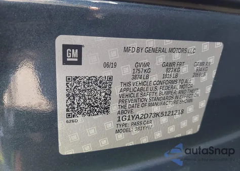 2019 Chevrolet Corvette Stingray из США, поврежденный, VIN 1G1YA2D73K5121218